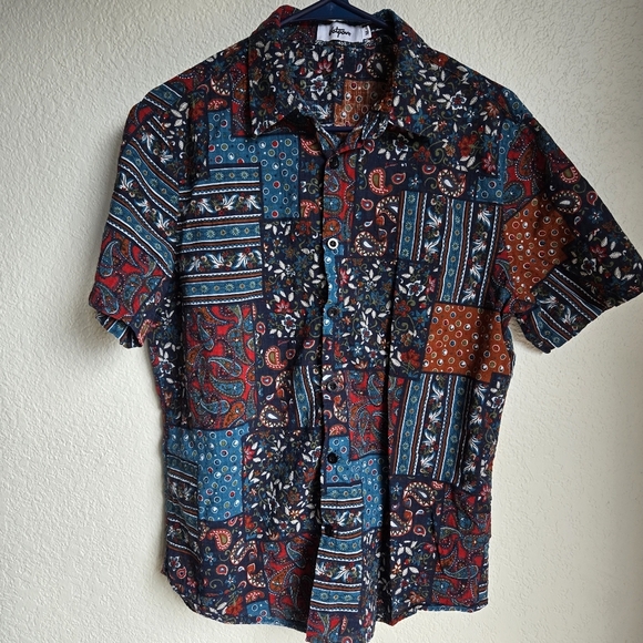 VATPAVE Men's Colorful Patchwork Button Down Shirt - Picture 1 of 4